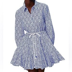 Zara Blue White Printed Cotton Mini Dress M Collared Button Front EUC